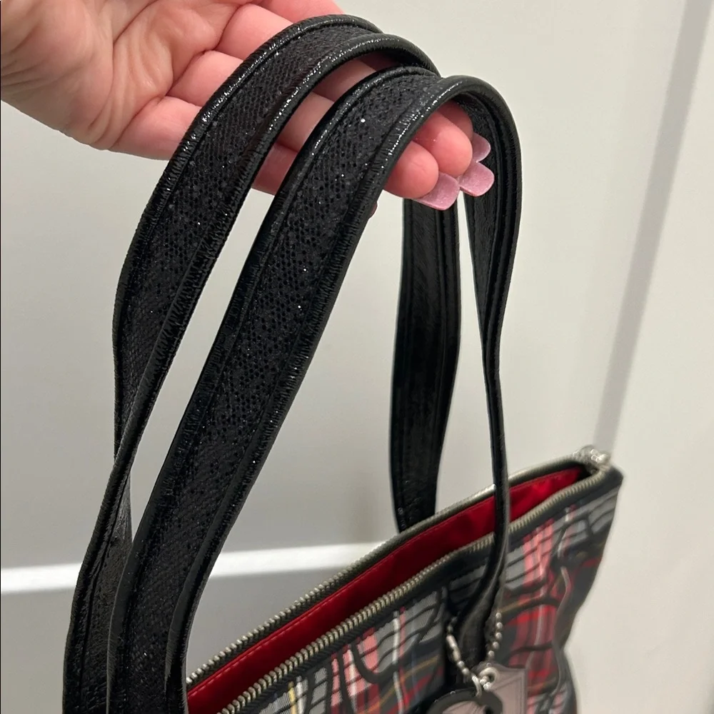 Coach (EUC) Poppy Black and Red Plaid Tote with Black Sequin Trimming & Handles - Picture 10 of 15